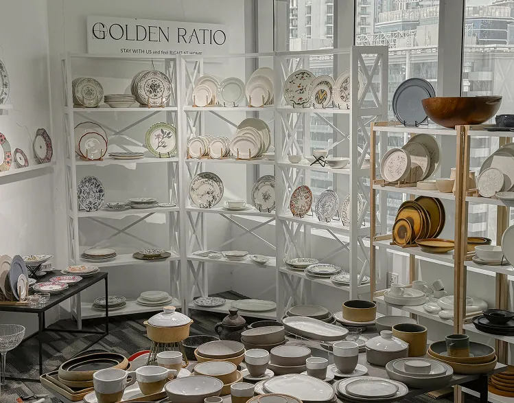 GRHS showroom displaying tableware, glassware and serving pieces